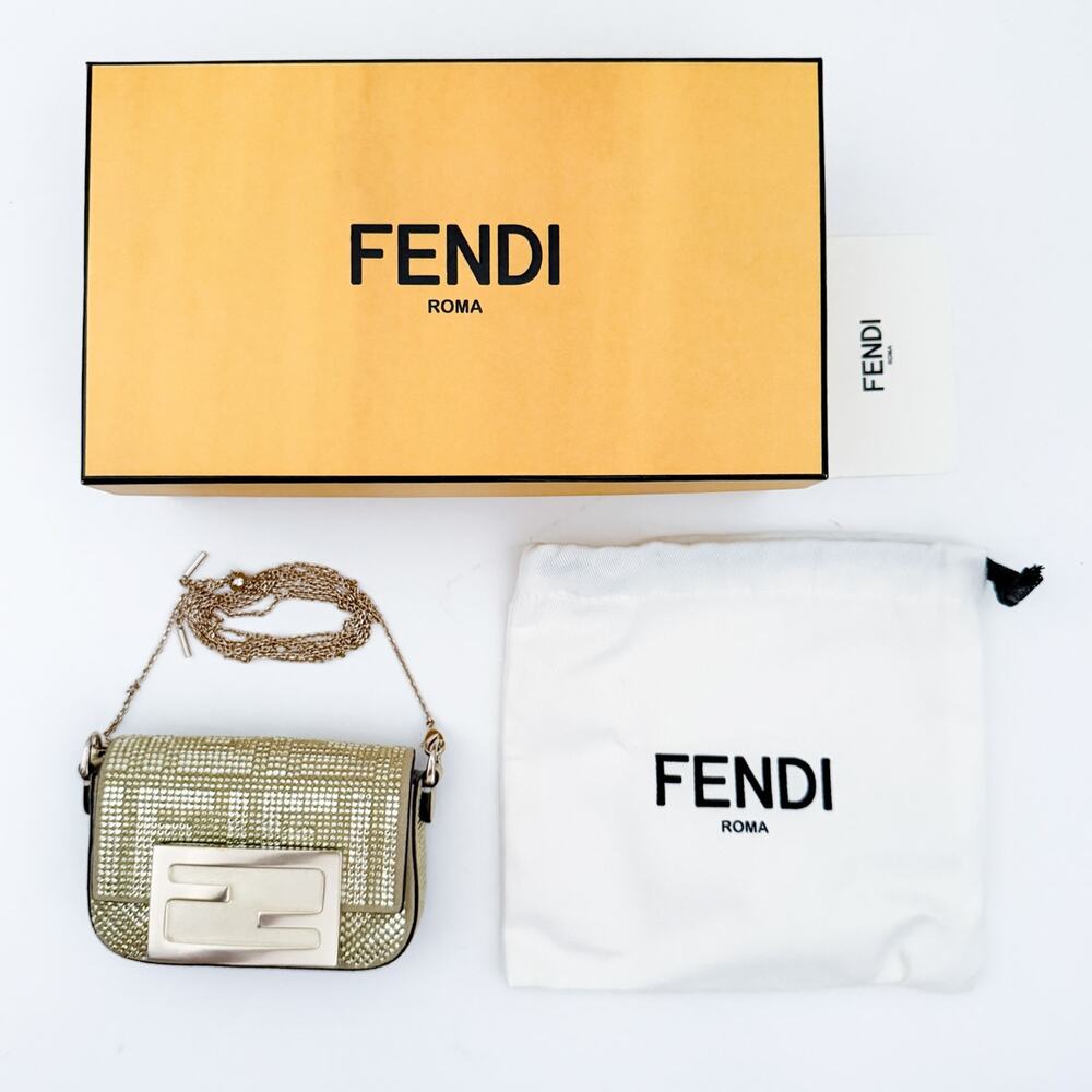 Fendi Crystal Vitello Laminato FF Nano Maxi Buckle Baguette Charm Light Gold - Picture 2 of 16
